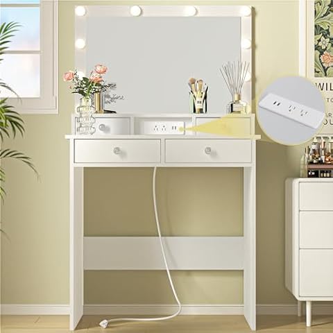 TIQLAB Vanity Desk with Mirror and Light, 32 Inch Make up Vanity with Power Outlets, Dressing Table Makeup Desk Small Vanity with 4 Drawers, 3 Lighting Modes, Bedroom Vanity, White Cover