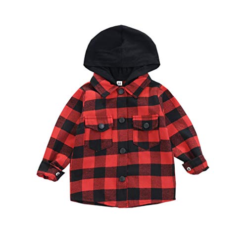Toddler Boy Plaid Hooded Jacket Baby Boy Long Sleeve Checkered Button Down Hoodies Shirt Fall Winter Outerwear Overcoat (Red, 6-12 Month)