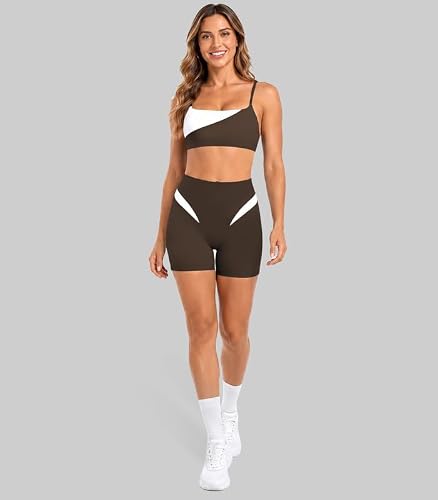 Sunzel Colorblock Sports Bra for Women Adjustable Straps Padded Yoga Bra Scoop Neck Wireless Crop Top Low Impact Workout Gym Ganache Brown-WH Large — view 5