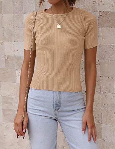 Image of ZESICA Women's Short Sleeve Sweater Tops 2026 Summer Crewneck Basic T Shirt | Business Casual Outfits, Solid Color Ribbed Knit Tee, Slim Fitted, Soft Skin Friendly, Going Out Top, Cute Dressy Blouse