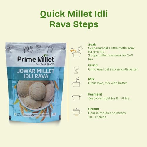 Image of Prime Millet For Good Health Organic Jowar Idli Rava | Premium Sorghum Millet Idli Mix | High Fiber Superfood | Gluten Free Healthy Breakfast Ingredient | Supports Healthy Digestion | Natural Unpolished Jowar Rava | Ancient Grain Nutrition (250g)