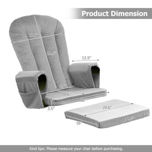 Image of Lucky Monet 5PCS Velvet Glider Rocker Replacement Cushions, Thickened & Supportive Rocking Chair Cushion Set with 29.5 Inch High Backrest & Storage Pockets, for Indoor Nursery Glider, Grey