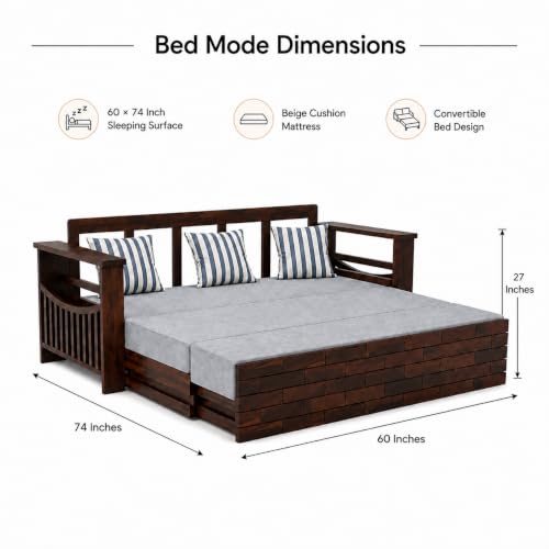 Image of Douceur Furnitures Solid Sheesham Wooden 3 Seater Sofa Cum Bed with Mattress,Cushions & Side Pockets,Wood Foldable Convertible Sofa 3 Seater Diwan Cum Bed for Living Room & Office|Walnut Finish