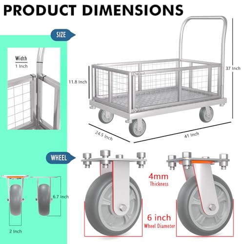 4-in-1 Platform Truck Cart with Cage, Multi-Purpose Heavy Duty Steel Flatbed Cart with 2200lbs Capacity Platform Hand Truck 6" Wheels Push Cart Dolly for Groceries, Garage, Warehouse (41“L x 24" W)