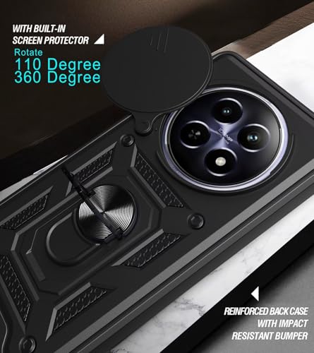 Image of Shockproof Back Case Cover for Realme 13 Plus 5G, Shockproof Realme 13 Plus Back Cover, Ring Case with Kickstand and Camera Protection Shutter - Black