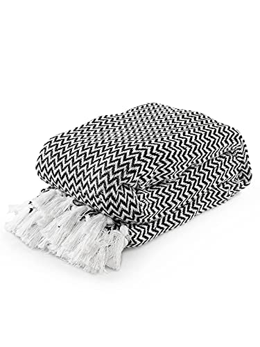 Image of SASHAA WORLD Chevron Throw Blanket Handwoven with Fringes | Throw for Living Room, Bed, XL Sofa & Chair | Black Throw Blanket | 170x250 cm Pack of 1