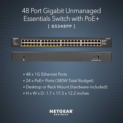 Image of NETGEAR 48-Port PoE+ Gigabit Ethernet Unmanaged Essentials Switch (GS348PP) - with 24 x PoE+ @ 380W, Desktop or Rackmount