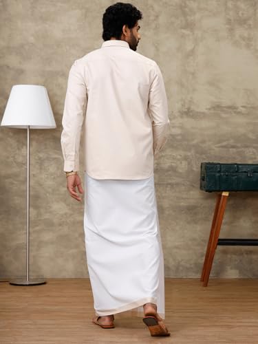 Image of RAMRAJ COTTON Men Full Sleeve Solid Shirt With Matching Border Dhoti|Ideal For Weddings And Occasion