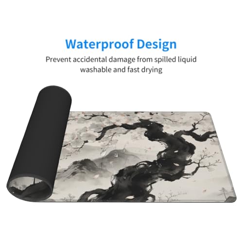 Image of Black Grey Japanese Mouse Pad 31.5x11.8 XL Watercolor Painting Cherry Blossoms Extended Large Mousepad Keyboard Mouse Mat Desk Pad with Non-Slip Rubber Base Stitched Edges for Home Office Game