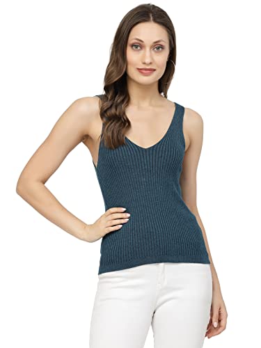 Image of Kalt Women Knitted, Ribbed Cotton Fitted Sleeveless V-Neck Cami Tank Top for Women Stylish