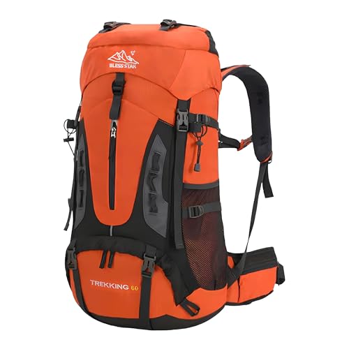 Mochila Bless star Trilha Camping Caminhada Viagem Montanhismo Alpinismo Mochilão Grande Cargueira Trekking Masculina Feminina Com Capa de Chuva 60 Litros (Laranja)