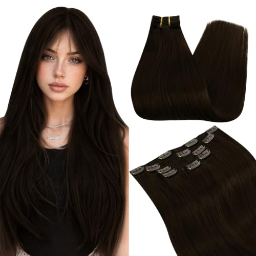 Image of Ugeat Human Hair Clip in Extensions Dark Brown 12 Inch 5pcs 85g | Real Human Hair Extensions Clip ins , Real Hair Clip in Extensions Dark Brown , Shoulder Length