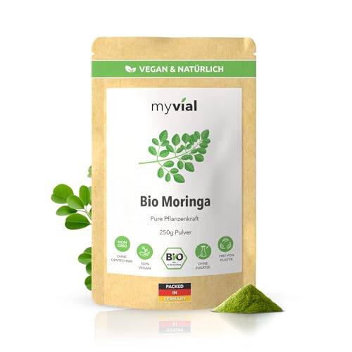 Bio Moringa Pulver 250g Premium Qualität aus Blättern Moringa Oleifera roh verarbeitet Vegan ohne Zusatzstoffe plastikfrei laborgeprüft Ideal für Smoothies und Tee
