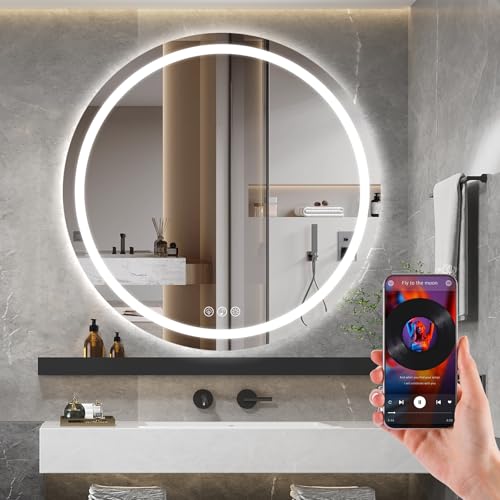Ratsamee Bluetooth Espejo Baño con Luz Redondo 80cm, Espejos de Baño con LED con Antivaho, Regulable, 3 Colores Luz, Función Memoria