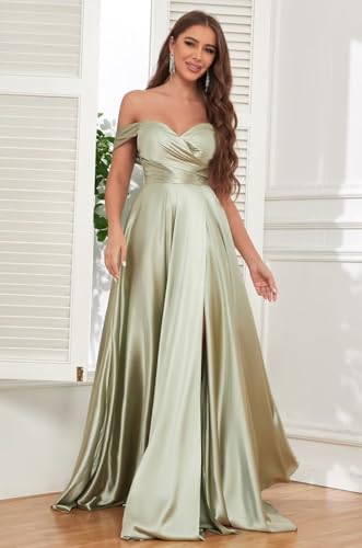 Image of JKMMYO Satin Bridesmaid Dresses for Women Off The Shoulder Pleated Long Formal Evening Dress