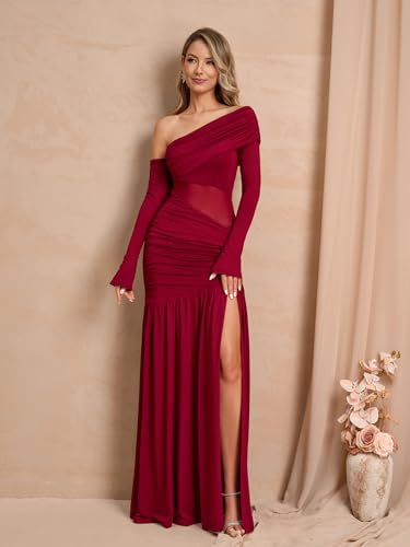 Women One Shoulder High Slit Maxi Dress Ruched Bodycon Cutout Long Sleeve Formal Wedding Guest Dresses4