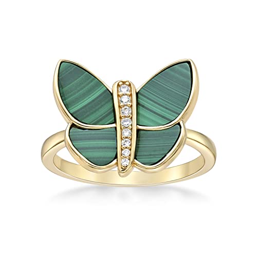 Lavari Jewelers Black Onyx Malachite or Mother of Pearl and Cubic Zirconia Butterfly Ring for Women in 925 Sterling Silver Anniversary Ring Size 6 to 8