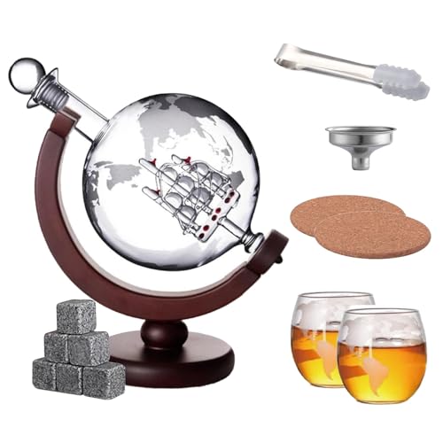 Whiskey Decanter and Glass Set, Globe Decanter with 2 Glasses, 9 Ice Cubes, Wooden Coaster, Gold Whiskey Dispenser Airtight Stopper for Wine Whiskey, Scotch, Vodka Gift Set
