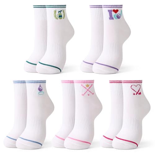 Jeasona Womens Golf Ankle Socks Golf Gifts for Women Funny Accessories for Golfers 5-Pack White Cotton Athletic Sports Socks 6-9