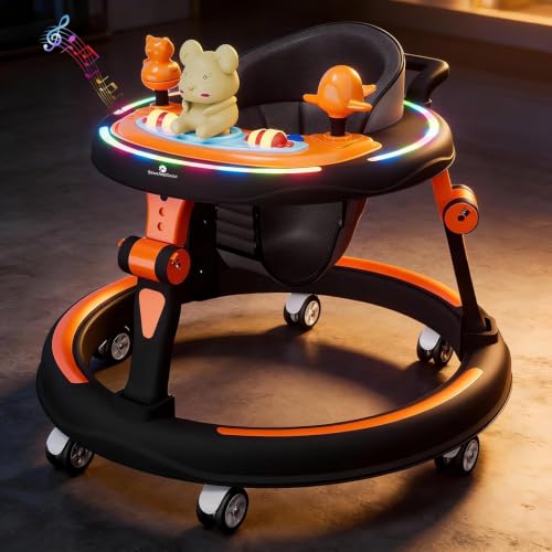Image of StarAndDaisy Baby Walkers for 6-24 Month Baby boy 360 Walker for Kids for 6-24 Months with RGB Light, 7 Level Height Adjustment, Baby Walker with Switchable Food & Musical Toy Tray -Orange Black