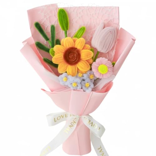 Piklado Hand-Woven Flower Bouquet Finished（1pcs） for Mother Girlfriend Birthday Gift Wedding Decoration Crochet Artificial Flower, Bouquet Gift (Sunflower Pink)