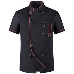 Playeras Para Uniformes De Trabajo Kinnart Chamarra de Chef Unisex con Cuello de Manga Corta, Cuello Alto de Manga Corta para Hombre con Doble Pecho para Chef Camarero Uniforme Suelto Playera, Algodón, Licra, Negro, Large