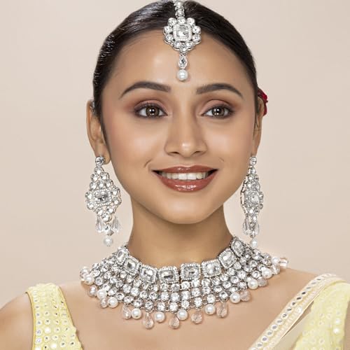 Image of Peora Crystal Choker Necklace with Maang Tikka Earrings Indian Traditional Bridal Wedding Jewellery Set for Women