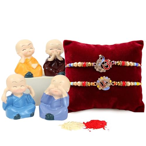Image of TIED RIBBONS Rakhi for Brother with Gift - Set of 2 Designer Rakhi for Bhaiya with Mini Monk Buddha Idols Showpiece