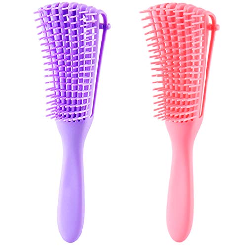 2 Pack Detangling Brush for Natural Curly Hair, Detangler Brush for Afro America Textured 3a to 4c Kinky Wavy/Wet/Dry/Oil/Thick/Long/Fine Hair Exfoliating for Beautiful and Shiny Curls(Purple&Pink)