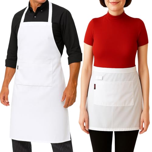 Shyyween Halloween Burger Couple Outfit Set White Chef Apron and Half Apron with Long Ties Chef Waitress Outfit for Men Women Adults Halloween Cosplay Party Kitchen Cooking