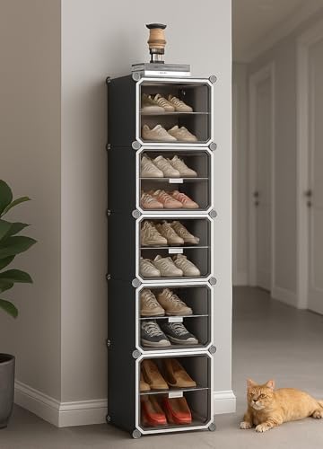 Image of YASONIC Premium Modular Plastic Shoe Rack for Home with Door | 10-Tier Stackable Shoe Organizer | Waterproof & Dustproof | Space Saving Storage for Home, Bedroom & Entryway [Grey HQ1, 10-Shelf-5-Door]