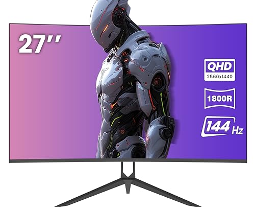 CRUA 27" Curved Gaming Monitor, QHD(2560x1440P) 144Hz/165Hz 99% sRGB Professional Computer Monitors, Support AMD FreeSync, Wall Mountable Installs(HDMI, DP)-Black