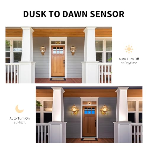 Dusk to Dawn Outdoor Wall Light Fixtures, Gold Exterior Aluminum Waterproof Porch Lights, Globe Anti-Rust Outside Sconce Lantern Wall Mount with Amber Glass for Patio Backyard Garage Doorway, 2 Pack