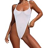 Sexy One Piece Swimsuit for Women Sheer See Through Halter Mesh Bathing Suit Swimwear White Size 2-8