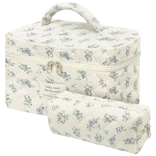 Gemtte Beauty case da donna, set da 2 sacchetti da toilette grandi da donna con fiori azzurri, borsa per il trucco per ragazze, borsa cosmetica per tutti i giorni e i viaggi, giallo., Piccolo Fiore