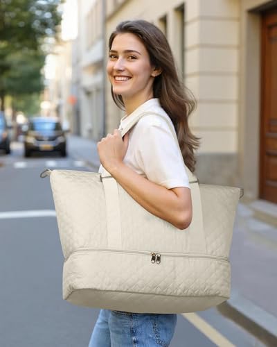 Image of HOTOR Travel Duffel Bag - Weekender Bags for Women, Carry On Gym Tote Bags | with Toiletry Bag & Shoe Compartment, Overnight Bag for Travel Essentials and Travel Accessories, Beige, 13.4 inchx17.3 inchx7.9 inch