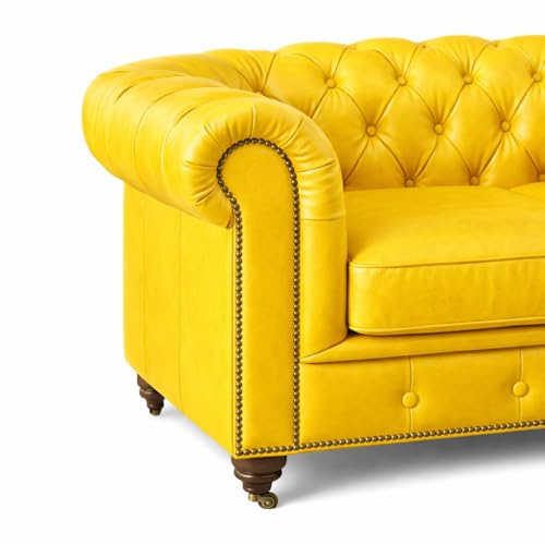 Image of UMAR ARTS Luxury Chesterfield Leatherate Sofa Set, Tufted Genuine Leatherate, Classic Living Room Furniture (Yellow 3 Seater)