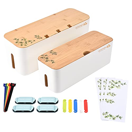 VORDRASSIL Cable Management Box Organizer for Cords, Computer USB-Hub, TV to Cover and Conceal Power Strips, Etc.-Set of 2, with a Bamboo Lid, White Case