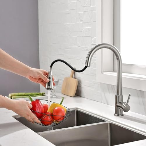 Image of Kitchen Faucet with Pull Down Sprayer Multitask Mode Single Handle High Arc Pull Out Kitchen Sink Faucet Offers Efficient Cleaning for RV (Silver)