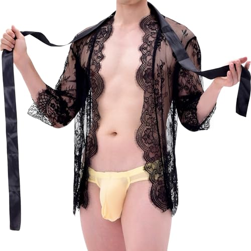 Mens Lace Robe Mesh Sheer Bathrobe Solid Color Long Sleeve Maxi Beach Cover Ups Nightgown
