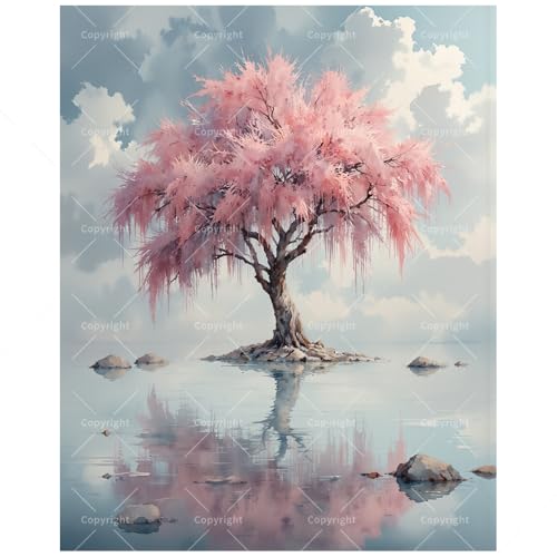Nature & Tranquility Paint by Numbers Kit for Adults – DIY Pink Blossom Tree on Water Painting on Canvas 16x20 Inches, Acrylic Paint Set, Suitable for Beginners, Art for Home Decoration or Gifts