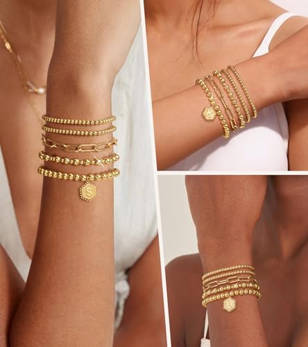 adoyi Gold Beaded Bracelets for Women, 14K Gold Plated Bracelet Stack Dainty Initial Stackable Stretch Bead Ball Letter W Strand Bracelet Set Adjustable Jewelry Sets Gift for Women — view 4