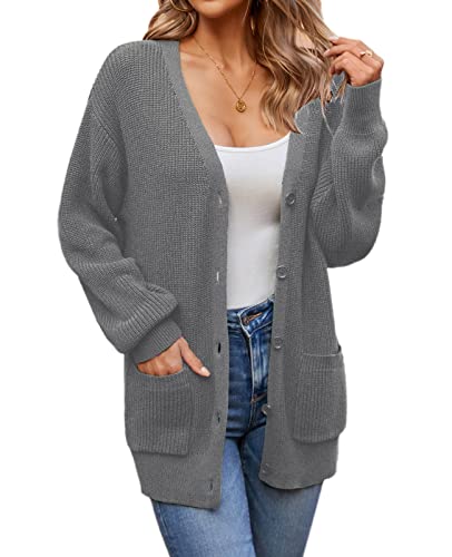 QUALFORT Women's 100% Cotton Cardigans for Women Lantern Sleeve Oversized