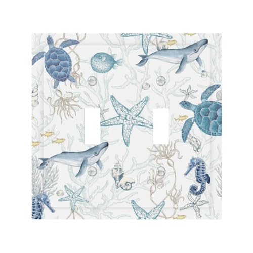 Boho Starfish Turtle Whale Seahorse Sea Animal Decorative Switch Plates 2 Gang Double Toggle Outlet Light Switch Cover Wall Plate Electrical Faceplate for Bathroom Bed Room Decor