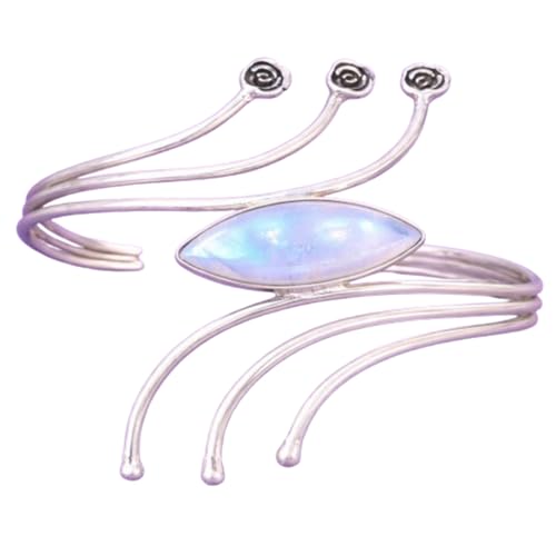 BohoSilverCraft Rainbow Moonstone Rose Design Bangle, 925 Sterling Silver Floral Cuff Bracelet, Natural Moonstone Adjustable Bangle for Women, Handmade Vintage Boho Jewelry Gift