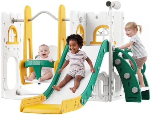 7-in-1 Toddler Slide and Swing Set, Indoor&Outdoor Playground,Orange-Green