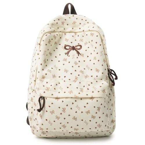 kakarin choyx Mochila feminina japonesa bordada com laço fofo 41,5 cm, estampa kawaii, casual, versátil, Bege, Medium