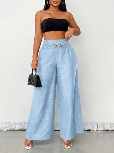 ZAFUL Womens Linen Palazzo Pants Metal Chain Decor High Waist Casual Loose Wide Leg Pants Summer Beach Trousers4