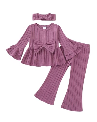 Image of SODLON Baby Girl Clothes Toddler Fall Winter Outfits Ruffle Long Sleeve Bow Top Flared Pants Set Bell Bottom Clothing 18M-5T