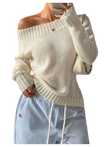 Milumia Women's Off One Shoulder Sweater Y2K Long Sleeve Ribbed Knit Pullover Top